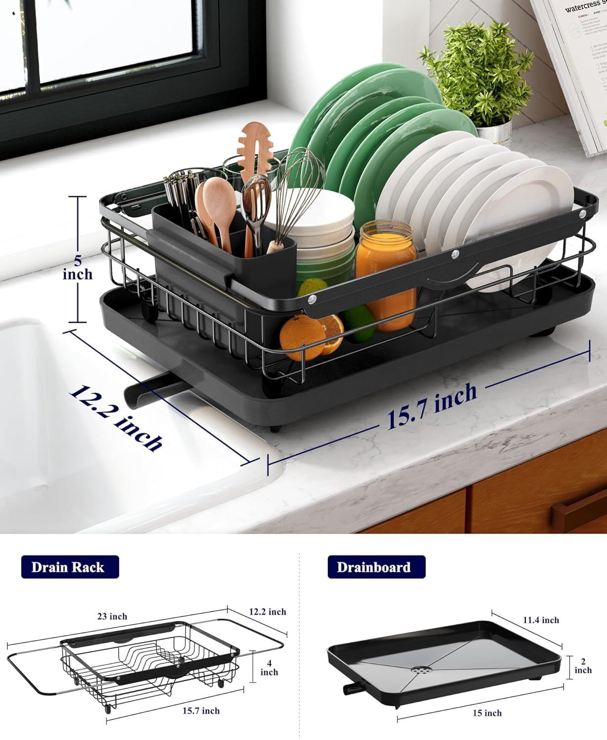 Dish Drying Rack for Kitchen Counter, Stainless Steel Sink Organization and Storage Essentials with Cutlery Holder, Home and Appartment Decor, 12.2"W x 15.7"~23"L