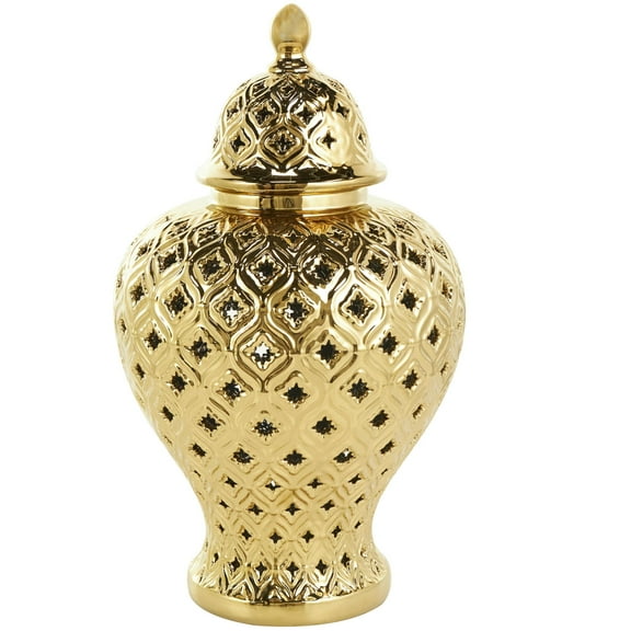 DecMode 10" x 18" Gold Ceramic Decorative Jars with Geometric Cutout Design and Lid, 1-Piece