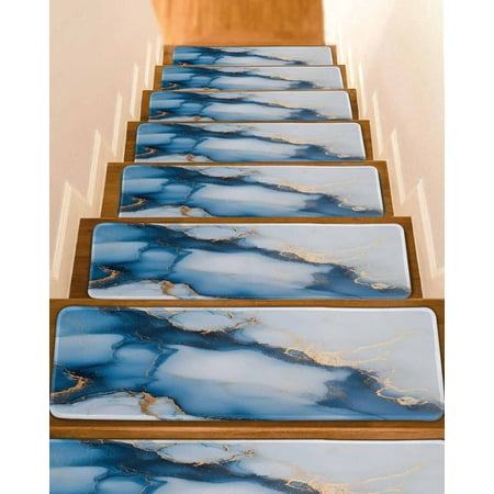 Blue Marble Stair Treads for Wooden Steps Indoor Runner Rug Carpet Modern Gray Golden Abstract Gradient Art 4 Pieces Peel and Stick Staircase Step Treads Covers Washable Throw Door Mats 30 x8