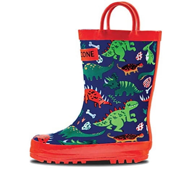 Lone Cone Rain Boots with Easy-On Handles in Fun Patterns for Toddlers and Kids, Puddle-a-Saurus Dinosaur, 12 Little Kid