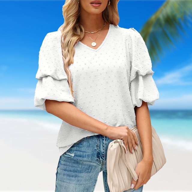 Blusa De Manga Corta Camiseta casual de manga abullonada doble Color sólido con cuello en V de verano para mujer (Blanco XXL) Ygjytge para Mujer Blanco T M