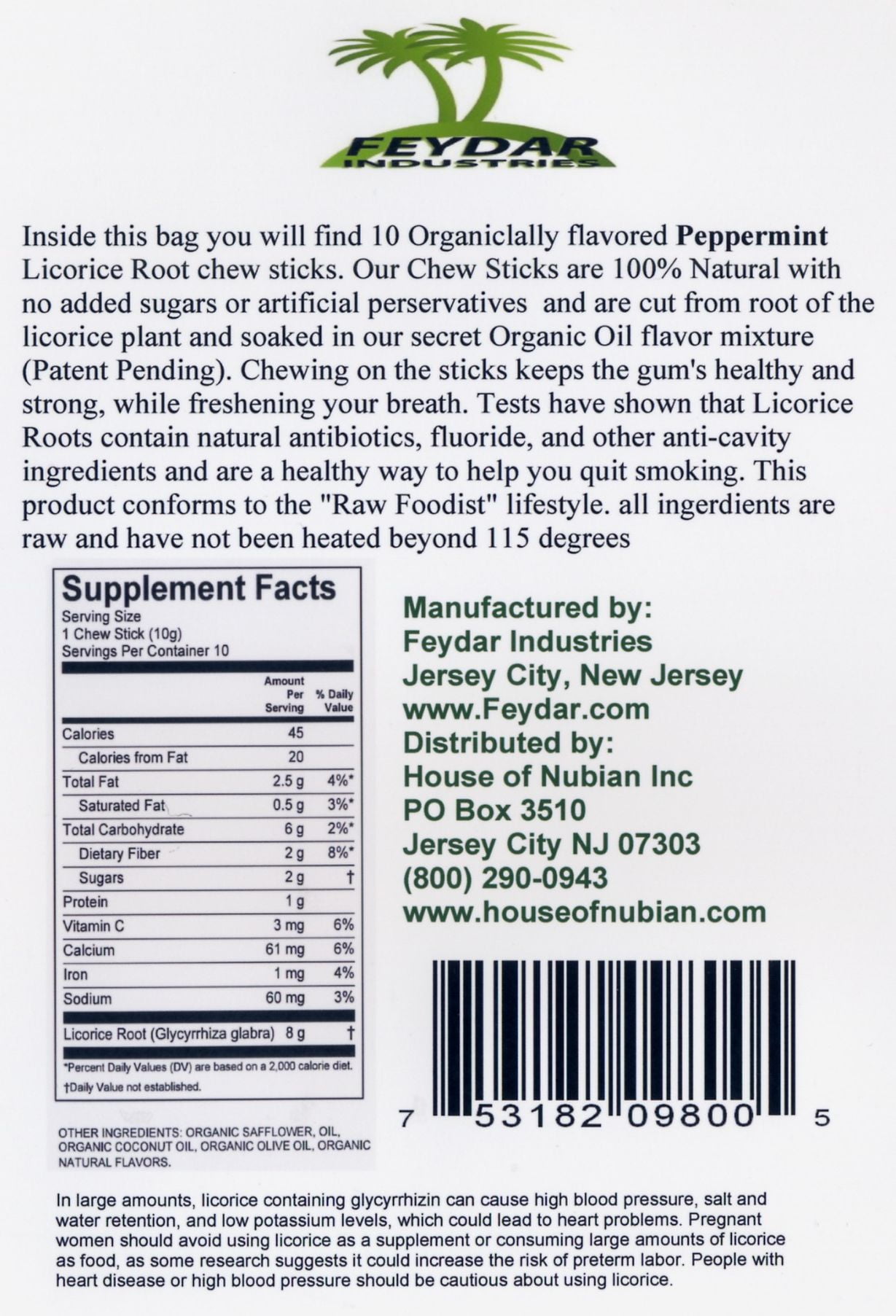 FeyDar Peppermint Organic Licorice Chew Sticks ( 10 Sticks per Pack)