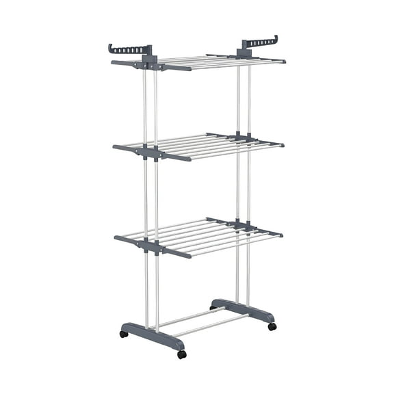 3-Tier Foldable Clothes Drying Rack with Wheels, 77 lb Capacity, Gray