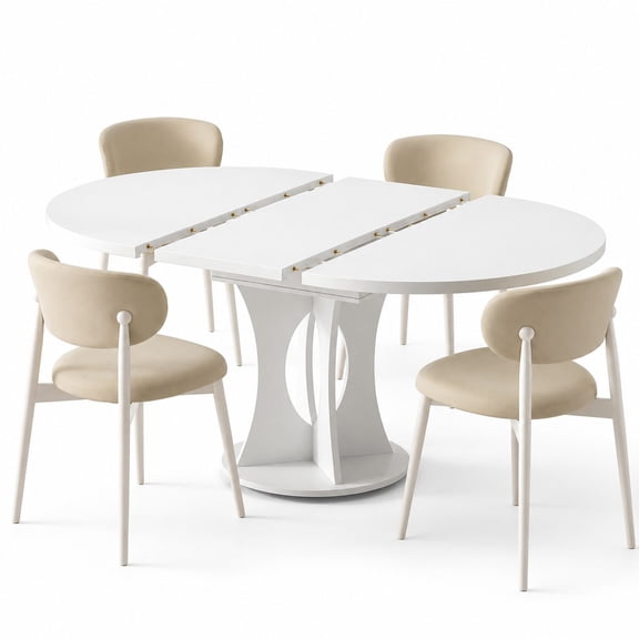 Round Dining Table 43-59 Inch Extendable, Expandable Wood Kitchen Table for 4-8 People, Farmhouse Dining Room Table with Detachable Leaves, Hidden Storage Compartment, Space-Saving White Furniture