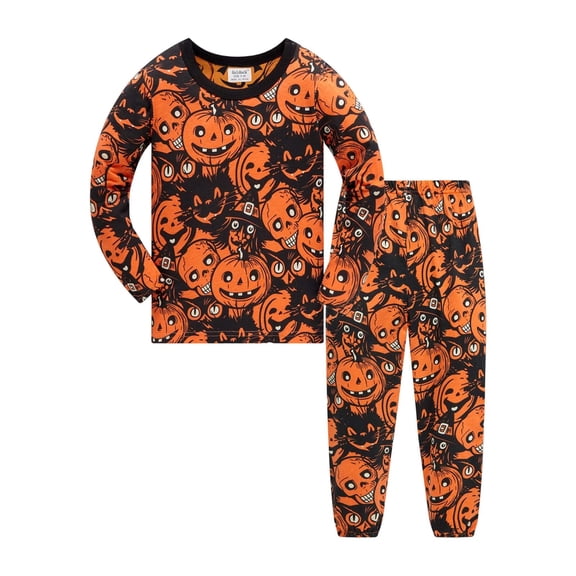 Tisuna Boys Halloween Pajama Set Long Sleeve Pants Outfit Cute Pumpkin Print Kids Sleepwear Comfortable Loungewear For Toddler Children Orange Size 18-24 Months