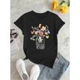 thumbnail image 2 of 1 Pce T-Shirt Mode Femme Imprimé Floral Papillon, Col Rond Manches Courtes, Tissu Polyester Extensible, Confort Toutes Saisons Fête des Pères, Fête des Mères, Nouvel An, Printemps, 2 of 7
