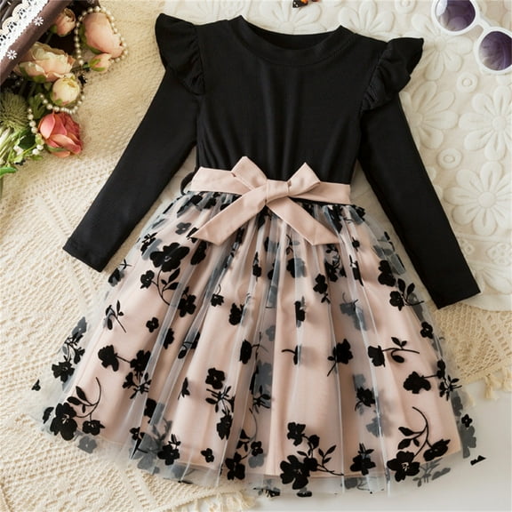 ATOGUTA Girls Tutu Dress Long Sleeve Fall Winter Ruffled Party Tulle Dresses Size 3T-8, Black