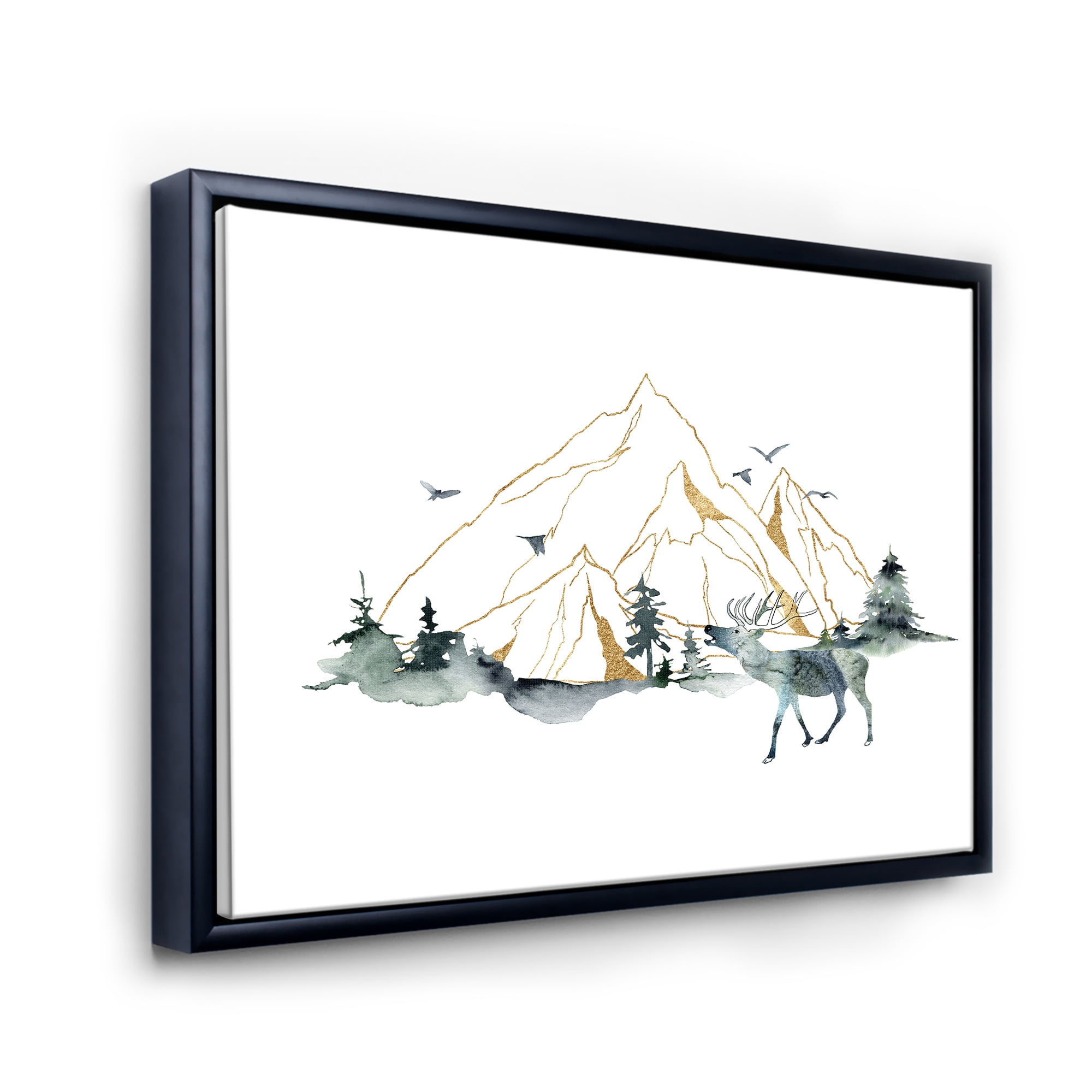 Designart 'Minimalistic Landscape of Forest Deer and Mountains' Modern Framed Canvas Wall Art Print