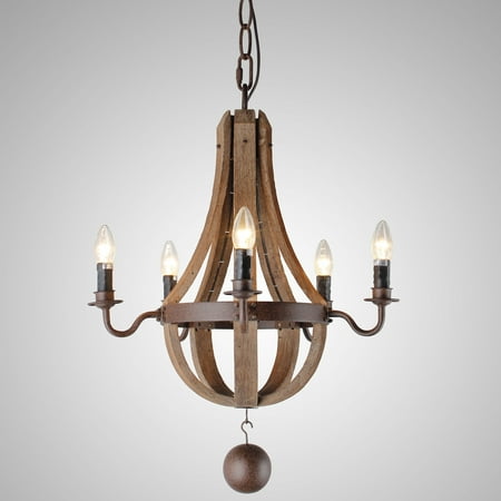 - 5 Light Candle-style Chandelier in Iron Frame and Rustic finish, Neutral Wood,24