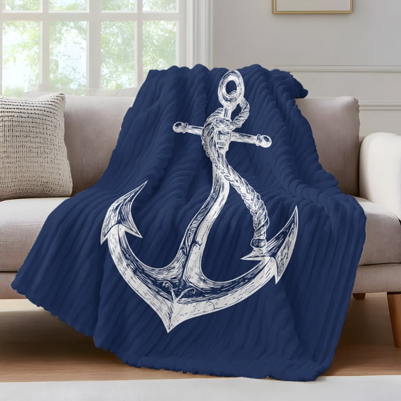 Coastal Anchor Throw Blanket for Couch Nautical Knot Navy Blue Soft and Warm Flannel 3D Striped Fluffy Fuzzy Fleece Blanket Lightweight Throw for Bed, Sofa 60 x 80 Inches