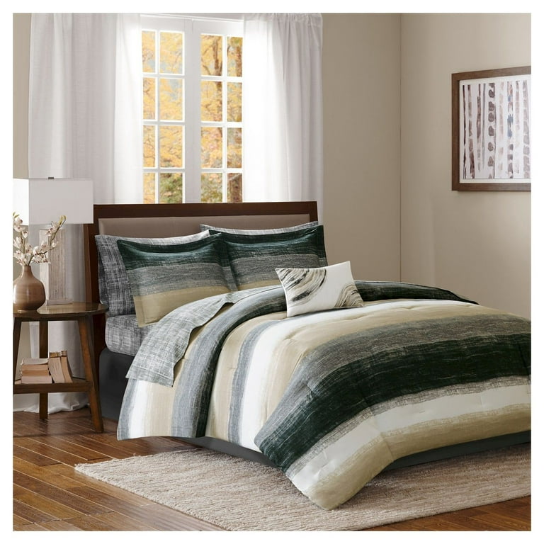 Madison Park Essentials 9-Piece Queen Complete Comforter and Cotton Sheets  Taupe Stripe Bed in a Bag