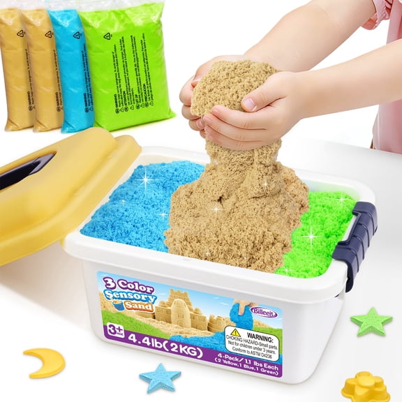Billeeit 4.4 lbs Play Sand with Storage Sandbox, 4-Pack(2 Yellow, 1 Blue, 1 Green) Sensory Bin Refill Sand for Shaping, Molding, Self-Sticking Sand Sensory Toy for Kids 3