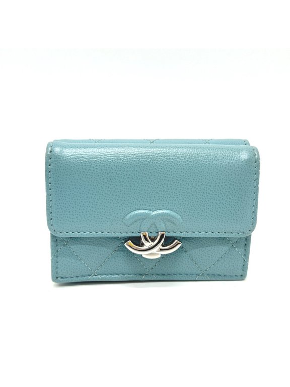 Pre-Owned CHANEL Push Lock Half Coco Mark Compact Wallet, Tri-fold Leather Women's, Light Blue