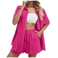 thumbnail image 1 of Conjunto de 2 piezas para mujer con camisa con solapa y pantalones cortos: color liso, traje informal de verano, poliéster, corte ajustado, tallas S-XL, ropa para vacaciones/fiestas, 1 of 8