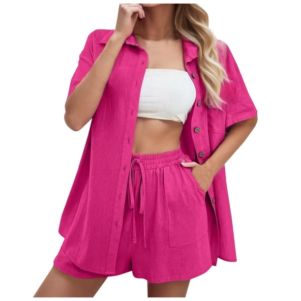 Conjunto de 2 piezas para mujer con camisa con solapa y pantalones cortos: color liso, traje informal de verano, poliéster, corte ajustado, tallas S-XL, ropa para vacaciones/fiestas