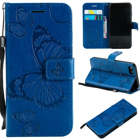 iPhone SE 2020 Case, iPhone 8 Wallet Case, iPhone 7 Case, Dteck Embossed Big Butterfly Magnetic Flip PU Leather Folio Stand Case Cover Built-in Card Slots & Money Pocket, with wrist Strap, Blue