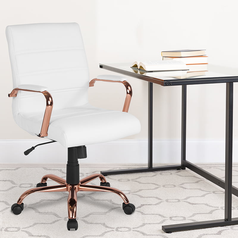Mid Back White Leathersoft Executive, White Desk Chair With Rose Gold Arms