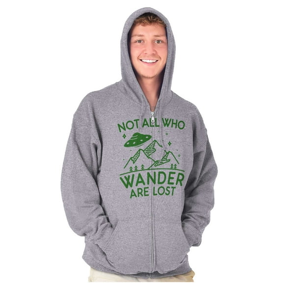 Not All Who Wonder Are Lost UFO Cute Unisex Fleece Graphic Zip Up Hoodie Brisco Brands 2X