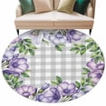 thumbnail image 2 of Round Area Rug 6 Ft, Purple Flowers Washable Non-Slip Circle Carpet for Living Room/Bedroom, Spring Floral Leaves Plants Gray Plaid Low-Profile Indoor Mats Collection Rugs for Residential, 2 of 7