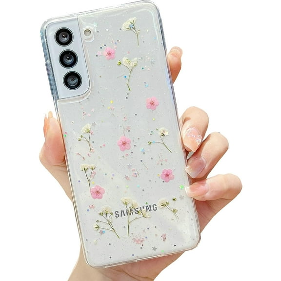 Galaxy S22 Flower Case, Soft Clear Flexible Rubber Pressed Dry Real Flowers Case Girls Women Glitter Floral Cover for Samsung Galaxy S22 -Pink