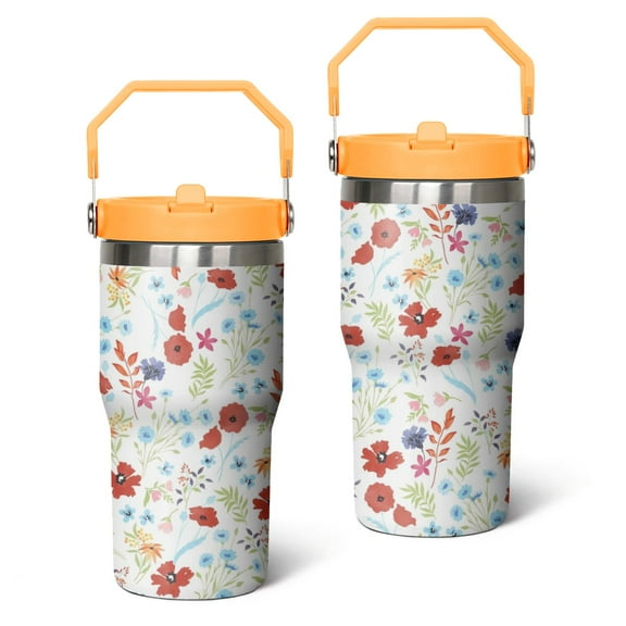 20oz Multicolored Flower Leaves Stainless Steel Tumbler with Top Handle,Travel Coffee Mug Flip Straw Cup,Gifts for Women Girls Men Adults