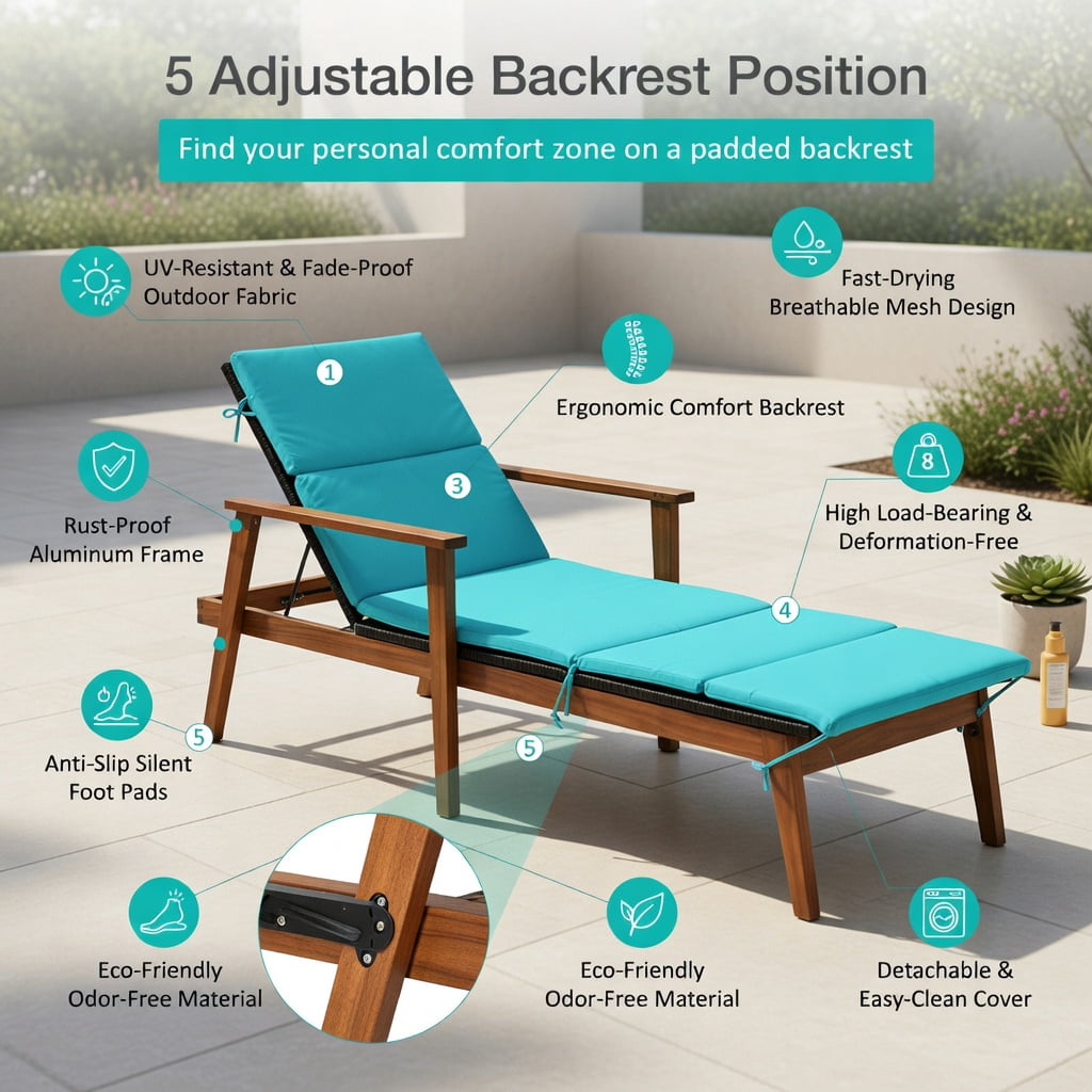 Hommoo 3-Piece Outdoor Rattan Lounge Chair Set with Adjustable Reclining Seats & Foldable Side Table for Patio, Deck, Pool or Backyard, Turquoise