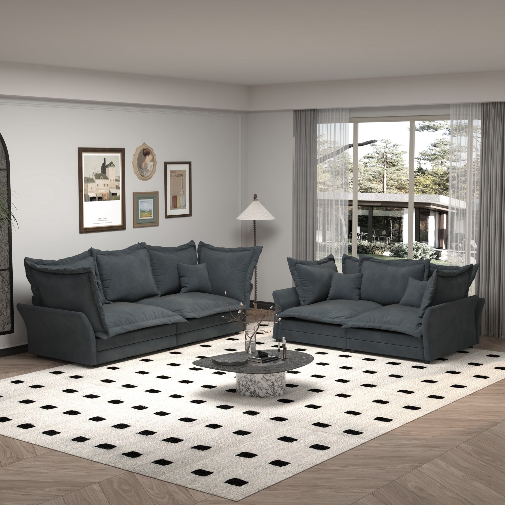 Aukfa 90.55" Overstuffed Sofa Cloud Couch, Convertible Deep Seat Chaise Longue with Large Pillows for Living Room, Gray