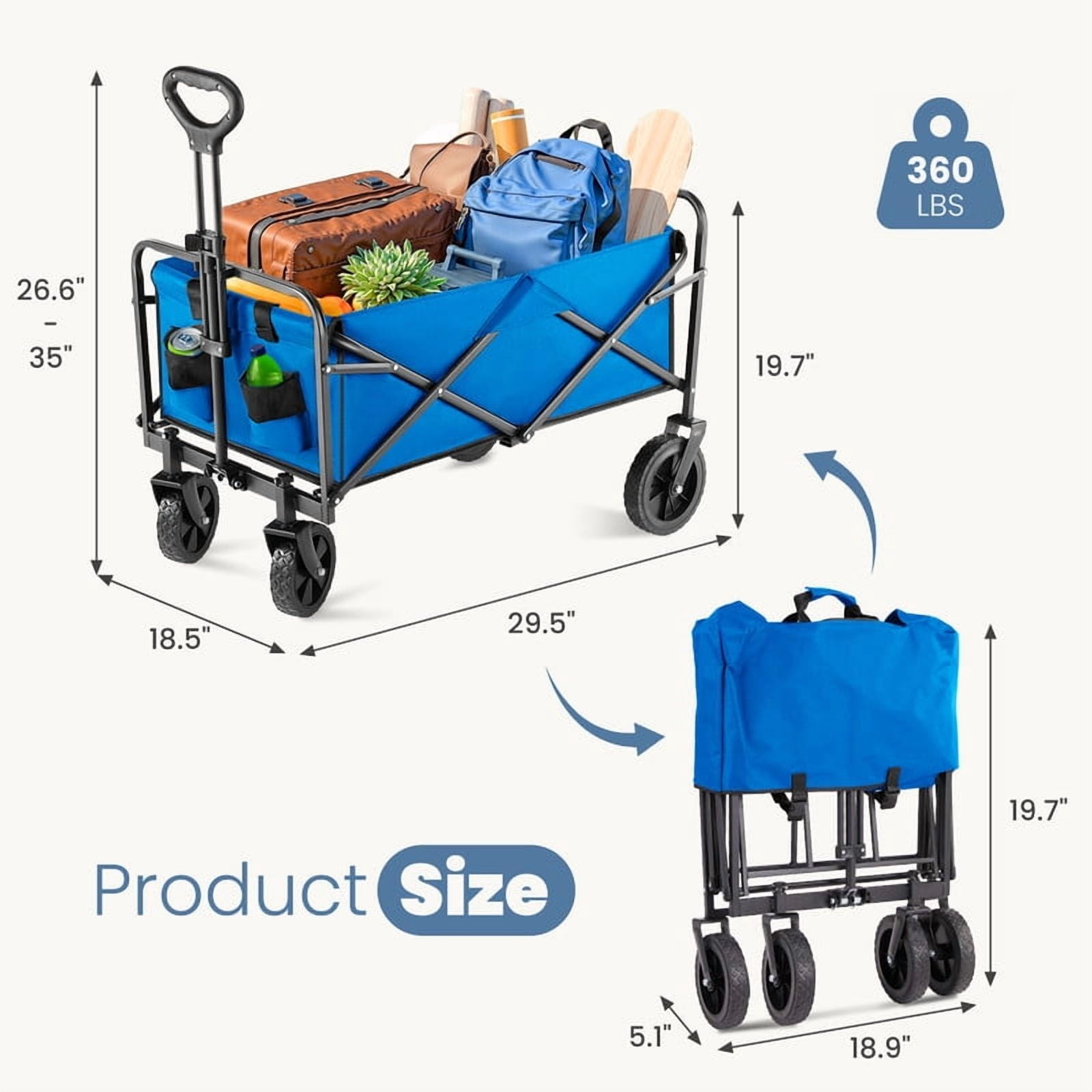 EDX Foldable Utility Cart, Small Capacity Shopping Wagon Cart with Drink Holders for Outdoors, Dimension 29.13"D X 18.5"W X 26.57"H, Blue-2