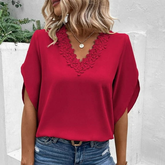Wycnly Womens Blouses and Tops Dressy Fashion Lace Trim Lightweight Loose Pullover Shirts 2024 Summer V-Neck Elbow-Length Solid Casual Blouses Red XL