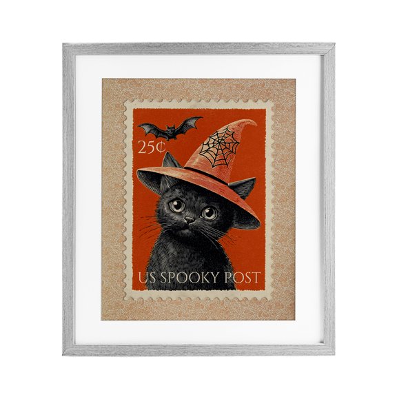 Vintage Black Cat Stamp Gray Framed Print Under Glass, design by Arlington Prints