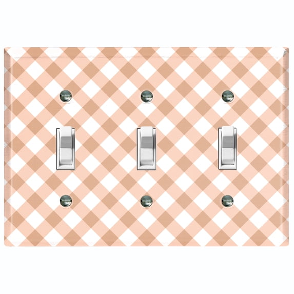 Metal Light Switch Wall Plate Outlet Cover (Tan Gingham Picnic Wallpaper- Triple Toggle)