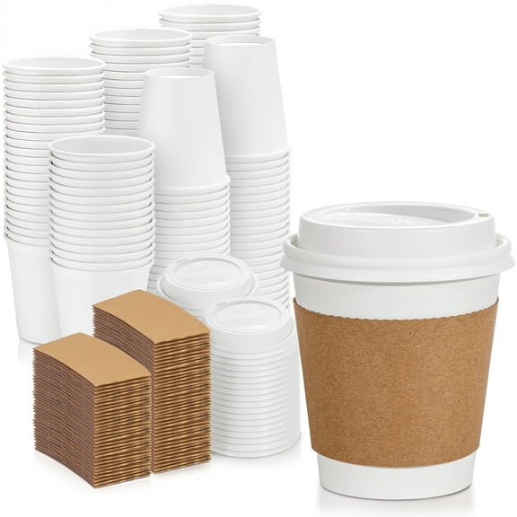 Fit Meal Prep 500 Pack 10 oz Coffee Cups with Lids and Kraft Sleeves, Premium Disposable Paper Coffee Cups, Durable Thickened To Go Hot Cups for Party, Hot Beverage, Chocolate, Tea, Cocoa