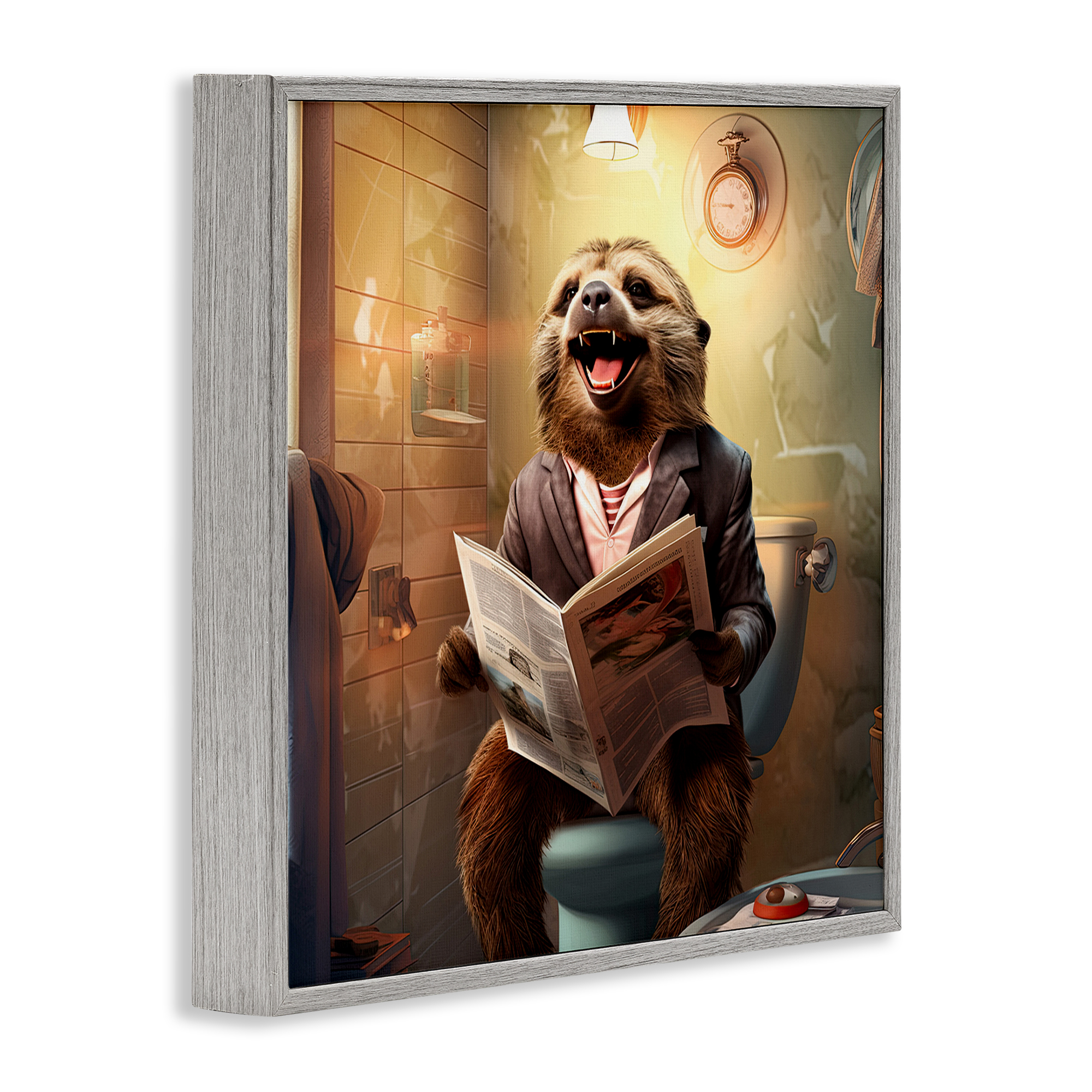 Stupell Industries Smiling Sloth on Toilet Typography Painting Gray Framed Art Print Wall Art, 24 x 24