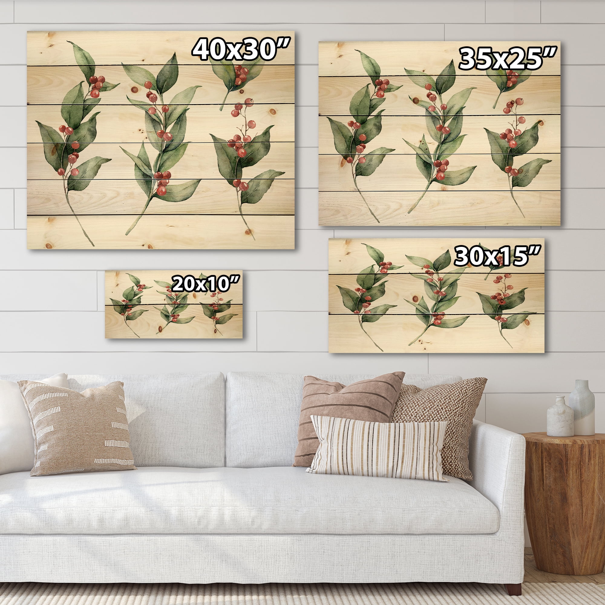 Designart 'Christmas Set Red Berrie With Branches' Traditional Print on Natural Pine Wood