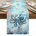 thumbnail image 2 of Summer Octopus Table Runner, Teal Orange Ocean Beach Corals Starfish Coastal Cotton Linen Kitchen Table Decoration Washable Dining Tabletop Runners for Home Party Decor 16x72 Inches, 2 of 9