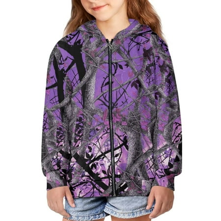 POLERO Girls & Boys Purple Hunting Camo Print Zipper Hoodies with Pockets Soft Zip Up Sweatshirts Girls Hooded Long Sleeve Tops 6-7 Years