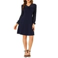 thumbnail image 5 of INSPIRE CHIC Women's Ruffle V Neck Mesh Sheer Panel Long Sleeve Chiffon Mini Dress Navy Blue XS, 5 of 6