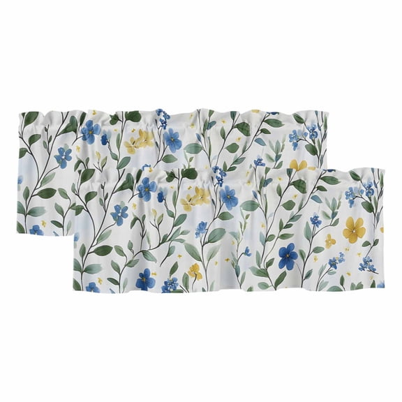 Blue Yellow Spring Floral Valances for Windows, Elegant Summer Botanical Green Light Filtering Kitchen Curtains, Rod Pocket Window Valance Curtains for Living Room Bedroom, 42" W x 12" L, 2 Panels