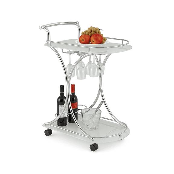 Modern Glass Bar Cart, Chrome Metal Frame, 2-Tier Rolling Serving Cart with Wine Rack, White Tempered Glass Shelves, 26.5x15.75x33.75 Inch
