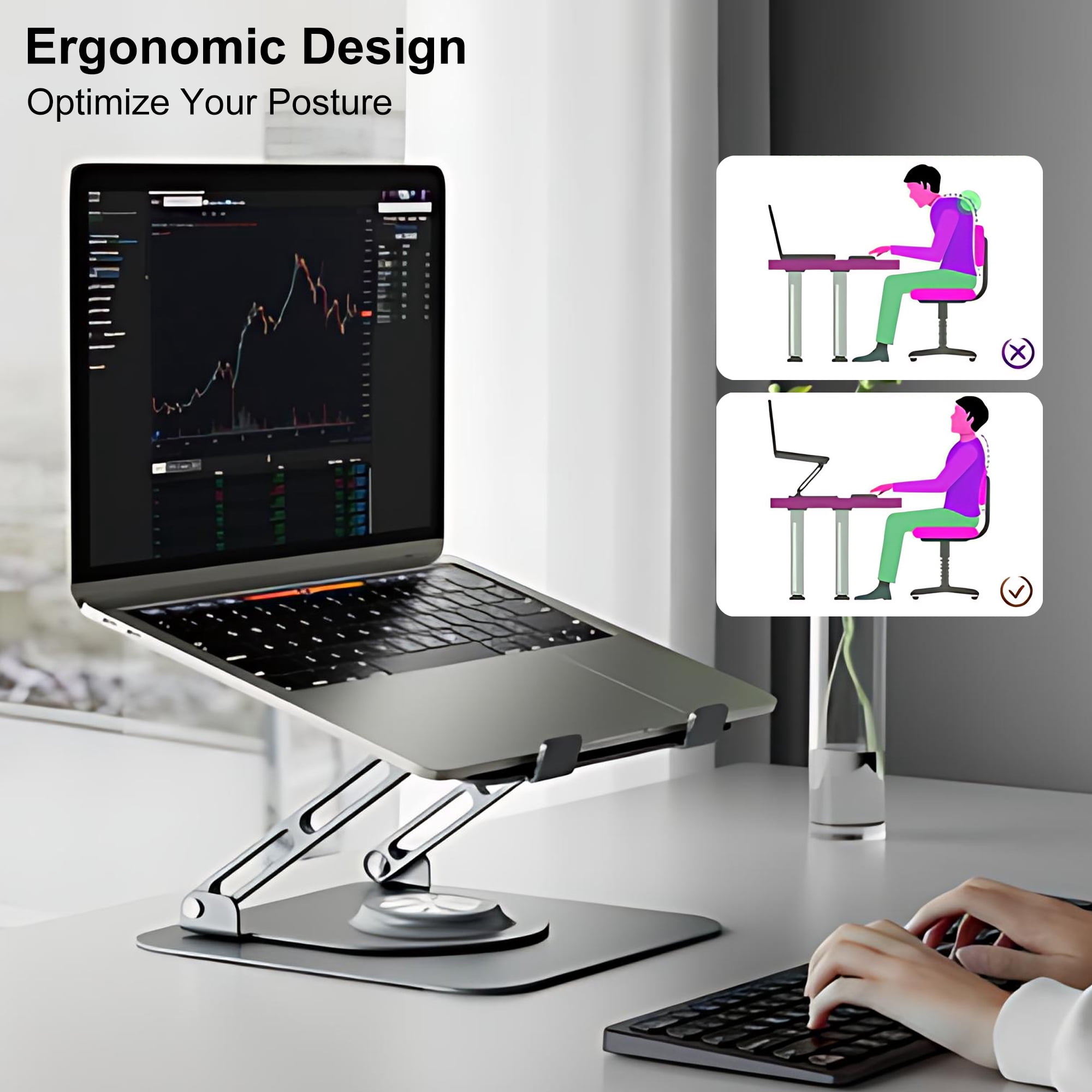 PECHAM Laptop Stand for Desk, Adjustable Laptop Stand with 360° Rotating Base, Ergonomic Computer Stand Support 10-17.3" Laptop & Tablet - Black