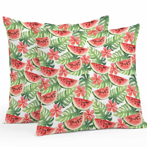 Outdoor Pillow Covers Pack of 2, Watermelon Red Flower on White Waterproof Throw Pillowcase Cushion Cases, Summer Green Palm Leaf Decorative Pillow Cover for Couch Sofa Home Bed Patio