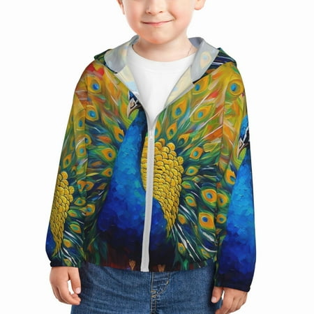 

Ocsxa Peacocks Print Kids Active Zipper Sun Protection Jacket Boys Girls Hooded Cooling Shirt-5 Years