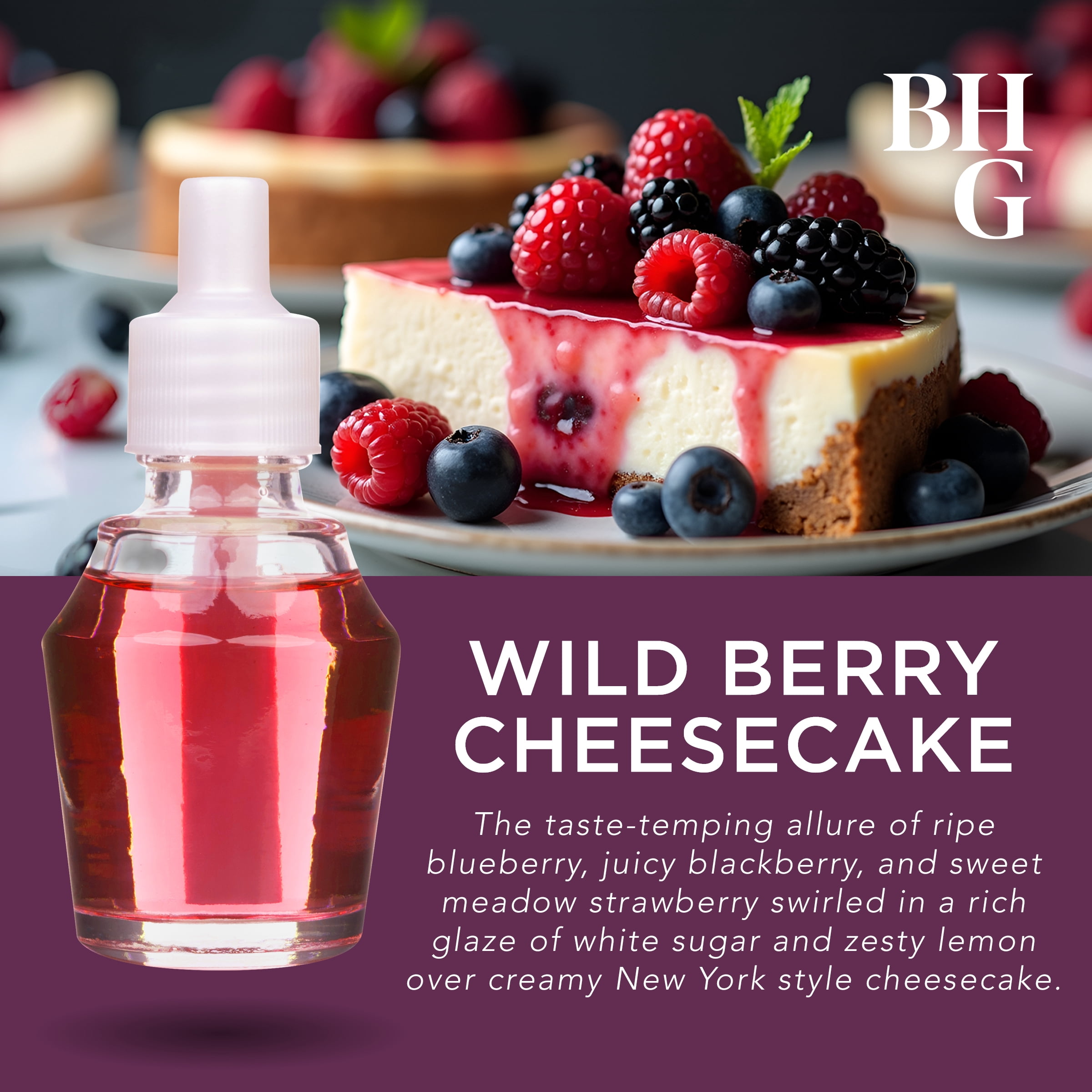 (4 pack) Better Homes & Gardens Aroma Accents Oil Refill 24 mL, Wild Berries & Cheesecake, 3 pack