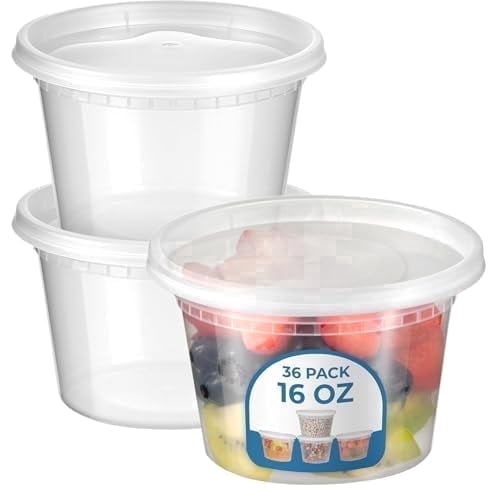 Fit Meal Prep 36 Pack 16 oz Deli Containers with Lids, US Made Leakproof Quart Containers with Lids, Clear Plastic Food Storage Container with Lid, Microwave Freezer Safe Meal Prep Container