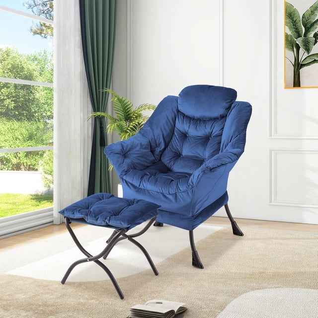 Lazy chair con ottoman - 400lb capacity oversized reading armchair, folding footrest y side pocket, dark blue para sala de estar o dormitorio