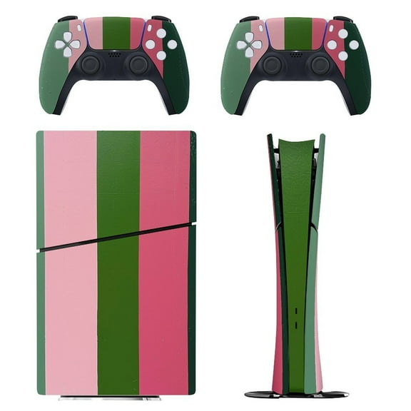 Pink And Green Stripes Console Skin Bundle for PS5 Pro Slim Disc & Digital / PS4 – Full Wrap Dual Controller Flair