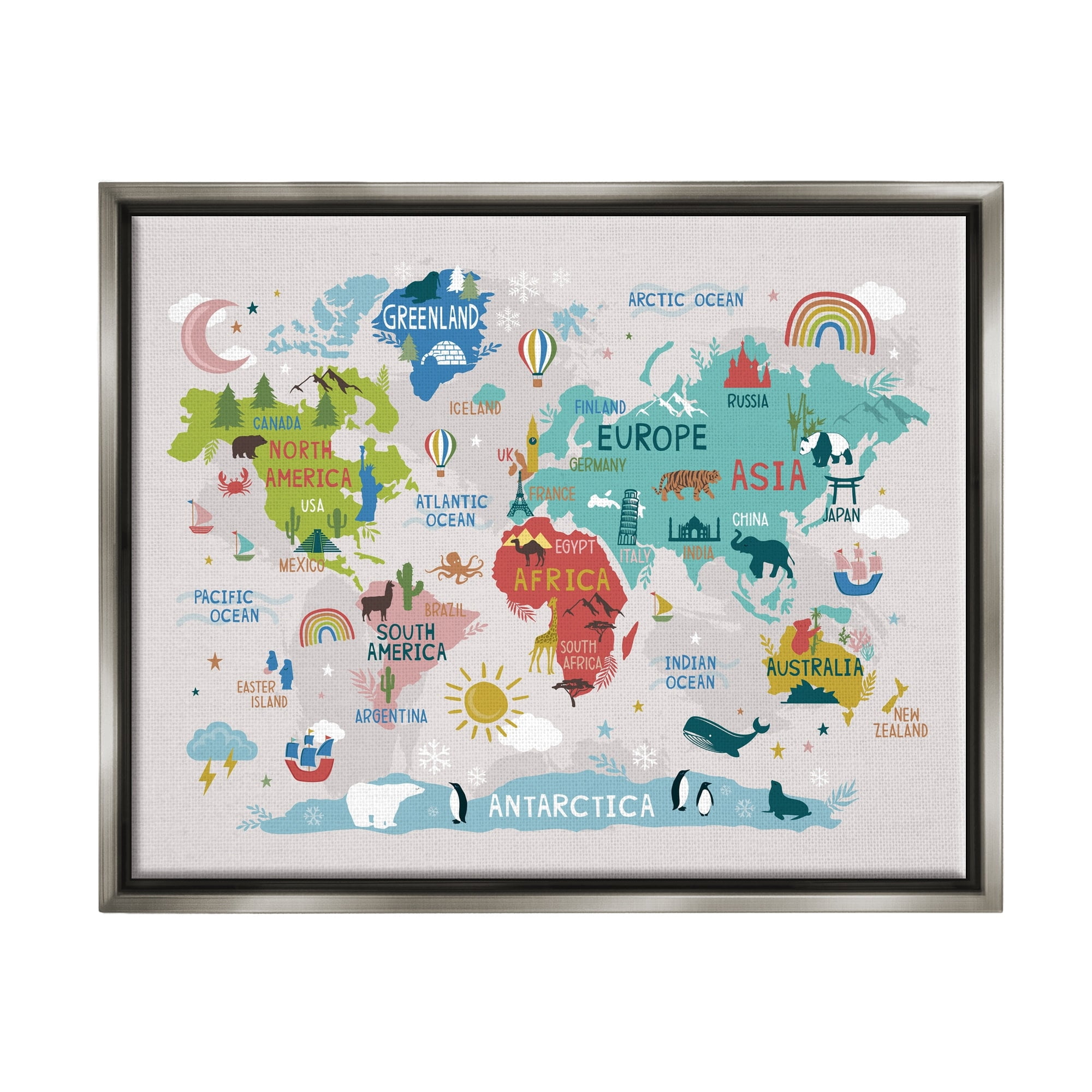 Stupell Industries Native Animals World Map Educational Wildlife Atlas Graphic Art Luster Gray Floating Framed Canvas Print Wall Art, Design by Lisa Whitebutton