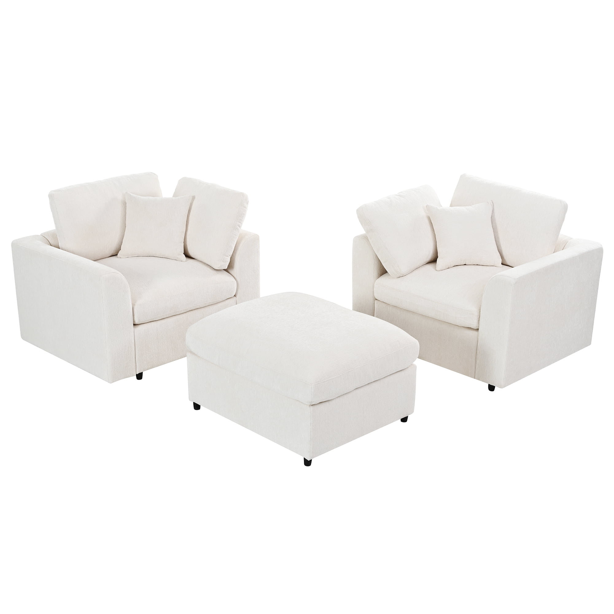 Howcool 3-Piece Modular Accent Chair with Movable Ottoman,Chenille Upholstered Lounge Chairs for Modern Living Room,Beige