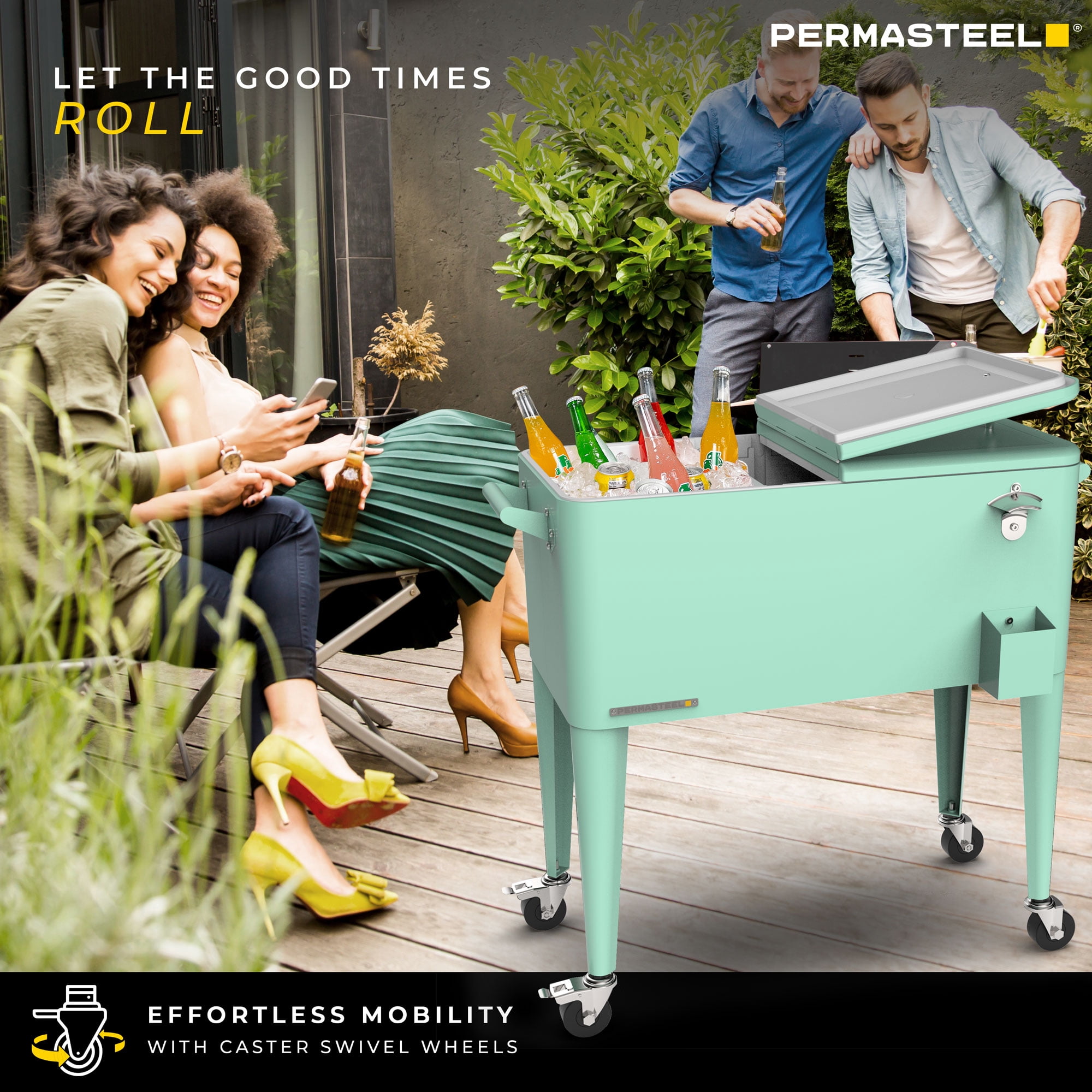 Permasteel Party Cooler with Divider, Spacious 80-Qt Capacity, Chills 36hrs, Serving Tray, Rolling Ice Chest for Indoor and Outdoor Entertainment, Matte Mint