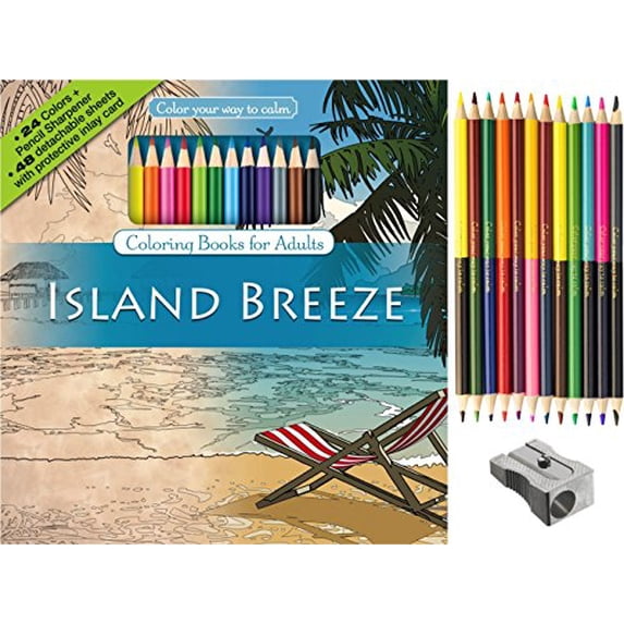 Pre-Owned Island Breeze Adult Coloring Book Set With 24 Colored Pencils And Pencil Sharpener Included: Color Your Way To Calm, 9781988137506, 1988137500, Paperback,